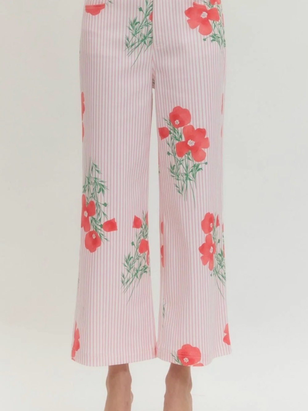 entro Pink Striped Wide-Leg Pants with Red Floral Print